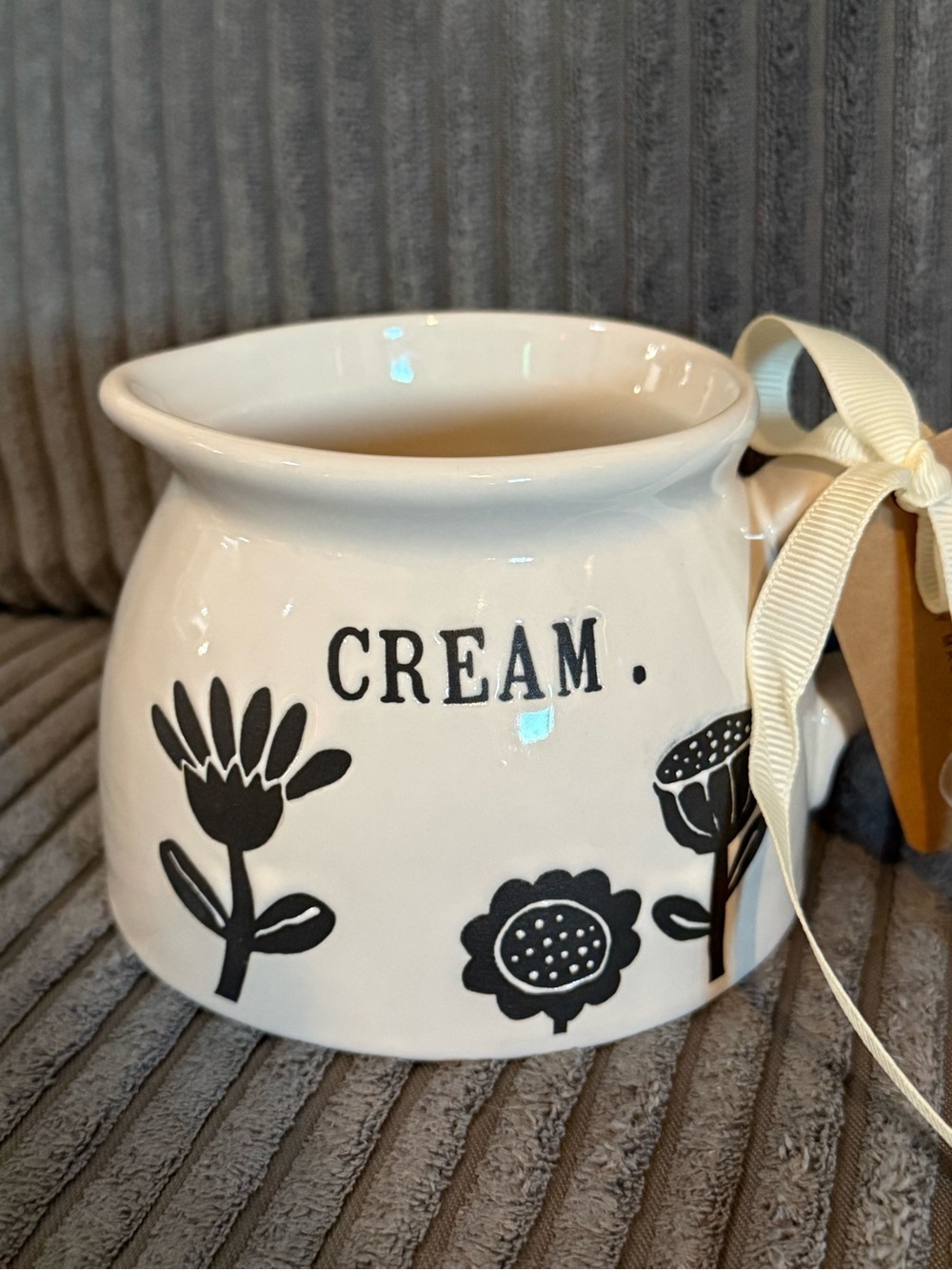 Rae Dunn White Ceramic Creamer with Black Floral Design- CREAM.- NWT